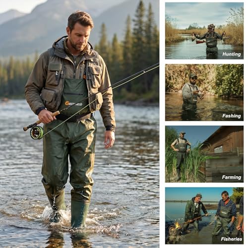 Waterproof Bootfoot Chest Waders – Lightweight 2-Ply Nylon/PVC for Fishing & Hunting with Boot Hanger - size: M8/W10