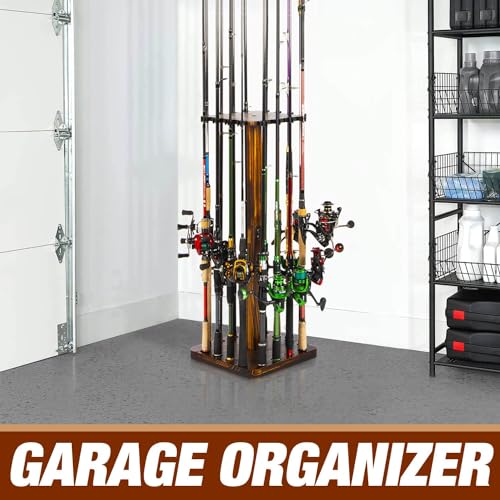 Ghosthorn Fishing Rod Holders for Garage 360 Degree Rotating Fishing Pole Rack, Floor Stand Holds up to 16 Rods Wood Fishing Gear Equipment Storage Organizer, Fishing Gifts for Men Women - style: nospin