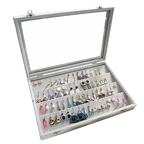 Wudygirl Velvet Jewelry Organizer Clear Lid Earring Holder Organizer 32 Pairs Earrings Storage Stud Tray Showcase Display Case（Earring Storage） - color: Gray, size: Earring