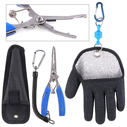 Swpeet 2Pcs Fishing Gear Set, Fisherman Professional Fishing Glove with Magnet Hooks Release and Fishing Pliers Cutters Split Ring Pliers Hook Remover Fish Holder Sheath Lanyard - color: Left, size: X-Large