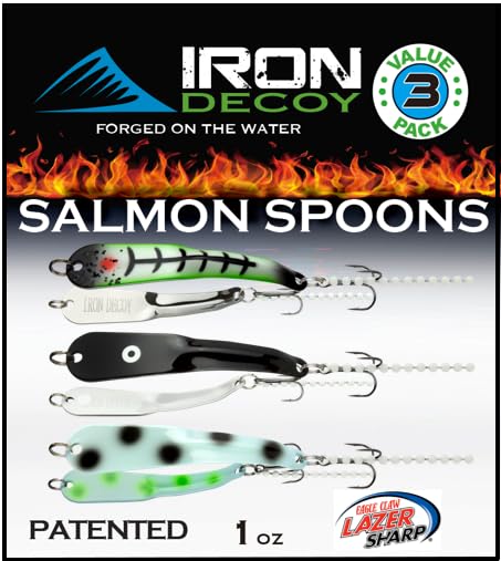 IRON DECOY Spoon Fishing Lures 3-Pack, Multi-Species Metal Spoons for Trout, Walleye, Bass, Salmon, Pike, Ice Fishing & Trolling, Vibrating Spoon Lure Kit - color: Salmon, 1oz