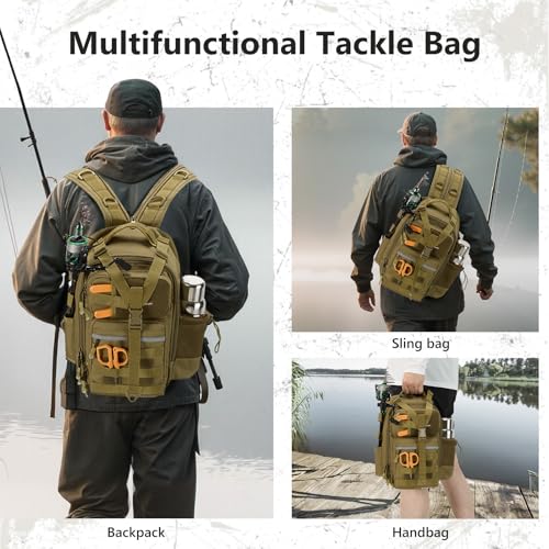 BASSDASH Convertible Fishing Backpack Sling Bag with Rod Holder, Adjustable Tactical Water-Resistant Tackle Storage Pack FP07 - color: Brown Khaki, size: Standard