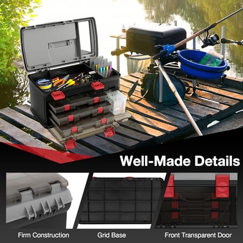 Goplus Large Tackle Box, Portable Fishing Storage w/ 3 Customizable Boxes & Side Storage, Double-layer Top Compartment, Premium Box for Tackle & Tool Organization