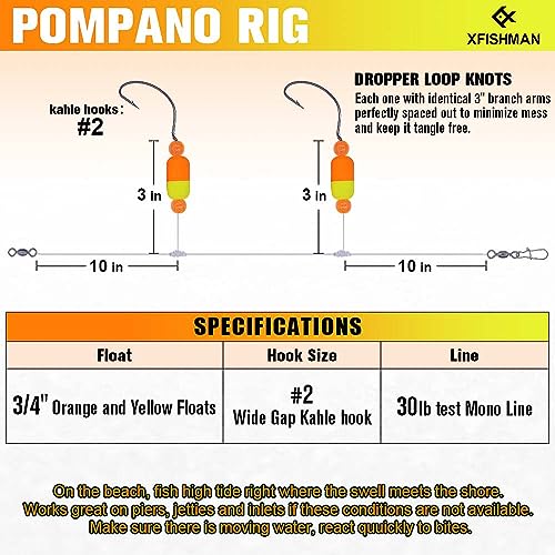 Pompano-Rigs-for-Surf-Fishing-Saltwater-Gear with Double Circle & Wide Gap Hook-6-Pack Surf Fishing Tackle - color: Orange and Yellow 3/4"Floats 6-Pack, size: #2 Wide Gap Hook