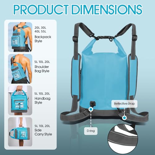MORXPLOR Dry Bag Waterproof,5L/10L/20L/30L/40L/55L Roll Top Dry Bag Backpack with WaterProof Phone Case for Swim,Kayak - color: Sky Blue, size: 20Liter