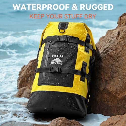 HEETA Dry Bags Waterproof Backpack 40L for Men & Women, Roll Top Heavy Duty Cushioned Hiking Backpack for Kayaking Boating Paddle Boarding Fishing Travel Camping Beach Vacation Cruise Ship Essentials - color: Yellow