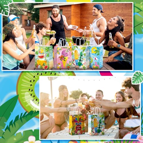 Kosiz 24 Pcs Hawaiian Party Favor Bags Summer Beach Luau Gift Goodie Paper Bags with Handle Aloha Tropical Treat Handbags Tiki Candy Pouch for Hawaii Luau Birthday Party Decoration Supplies - style: Summer