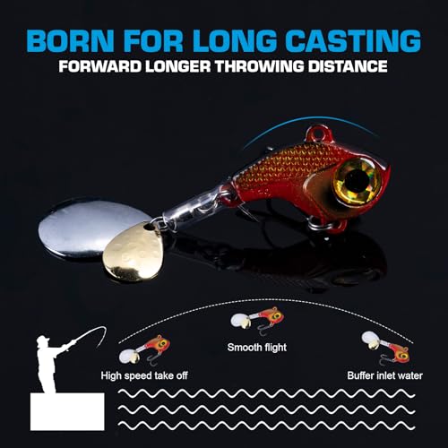 Goture Fishing Lures VIB Tail Spinners Bait Set, Two-Way Spinning Spoon System with Kona Treble Hook, Fixed Tube Anti-Tangle, 3D Eyes Sinking Lures with Tackle Box, Fishing Jigs Fishing Spinner Blade - color: 1/2 oz - 4 Pcs with Box