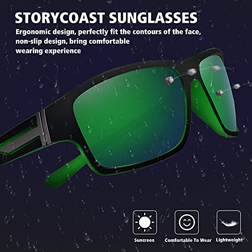 STORYCOAST Polarized Sports Sunglasses for Men Women Unbreakable Frame Cycling Fishing Driving - color: 2pack Blue Mirror+green Mirror