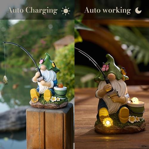 TERESA'S COLLECTIONS Resin Outdoor Statues with Solar Outdoor Lights for Garden Decor, Funny Garden Gnome Fishing Decorations for Outside Yard Porch Patio Lawn, Ideal Gift for Women and Man 7.2" - size: Medium