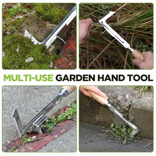 WORKPRO Crack Weeder, 12" Stainless Steel Crevice Weeding Tool Weeder Tool | Beech Wood Handle, L-Shaped Side-Walk Weed Puller Spatula, for Garden Lawn Yard Patio Terrace Paving Moss