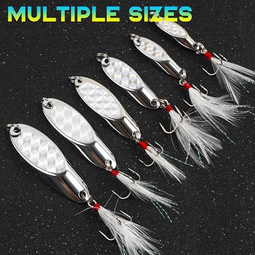 Fishing Spoon Lures, Hard Metal Spoon Fishing Lures Casting Trout Spoons with Treble Hook Jigging Spoon Bait for Bass Pike Trout Walleye Salmon Saltwater Freshwater - size: 5g(3/16oz)-5pcs, style: With Feather