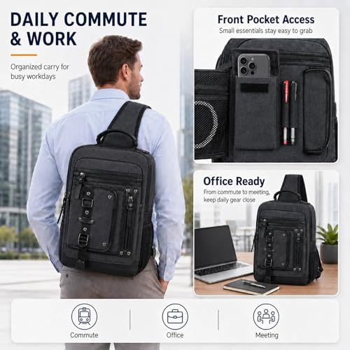 Cross Body Bag for Men: Large Canvas Sling Backpack Messenger Bag Fits 15.6 Inch Laptop for Work Commute - color: Black, size: Large