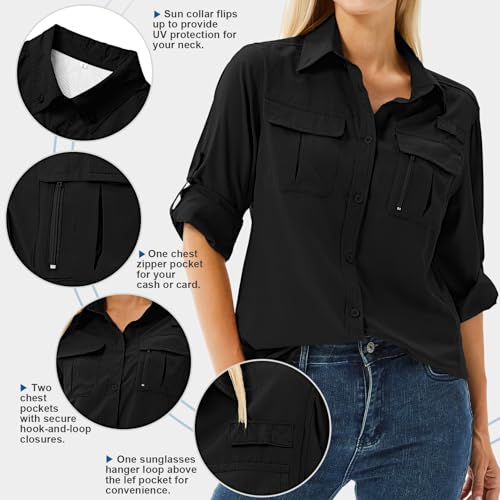Women's UPF 50 Long Sleeve Sun Protection Shirts Safari Fishing Hiking - color: Black, size: X-Large
