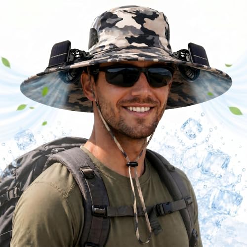Berlune Sun Hat with 2 Solar Fan Wide Brim Fishing Bucket Hat USB & Solar for Men Women UPF 50+ Cooling for Fishing Beach - color: Gray, size: 5.9 Inch Brim