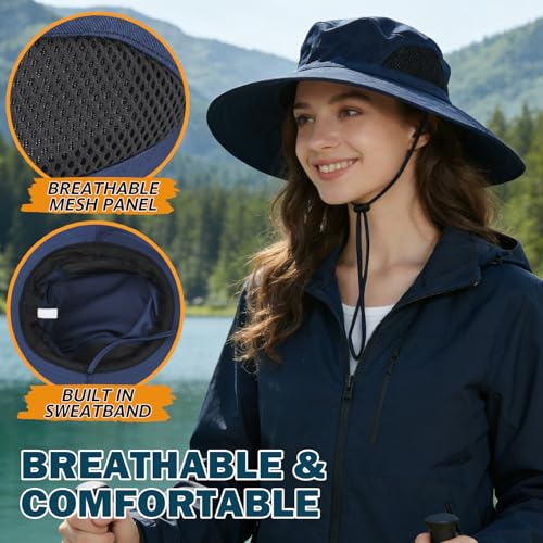 Wide Brim Sun Bucket Hat, Waterproof Boonie Hat for Men & Women | UPF 50+ UV Protection, Adjustable Fit, Chin Strap & Sweatband, Foldable Durable for Fishing Hiking Garden Beach - color: 01 Navy Blue
