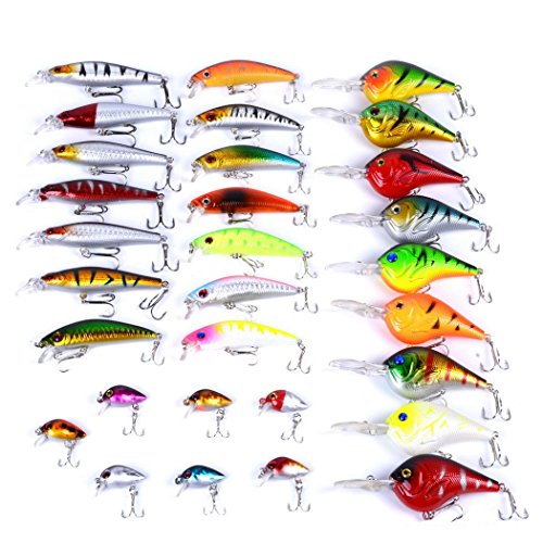 Aorace Fishing Lures Kit Mixed Including Minnow Popper Crank Baits with Hooks for Saltwater Freshwater Trout Bass Salmon Fishing - color: Item-C 30pcs