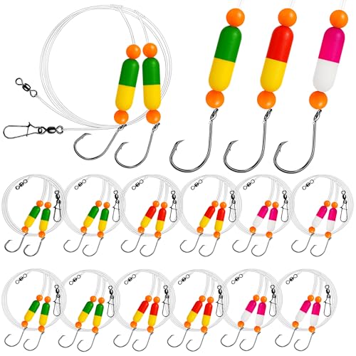 Pompano Rig Saltwater Surf Fishing Rigs – Double Drop Leader Rigs with Hooks, Floats, Beads & Snap – Easy Pre-Tied Terminal Tackle for Pompano, Whiting, Redfish - color: Assorted Colors–K, size: 12 Pack
