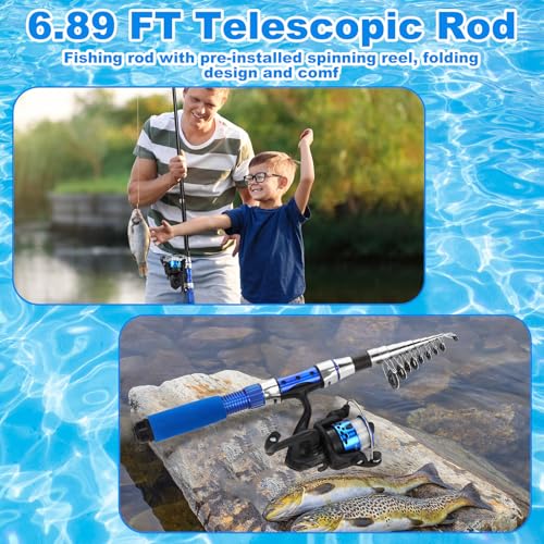 51 Pcs Fishing Rods Combo 6.89ft Telescopic Freshwater Pole Set with Plier Lip Gripper Lures Carrier Bag Pre Loaded Spinning Reel with Freshwater Rod Reel Kit Father Men Gift - color: Blue