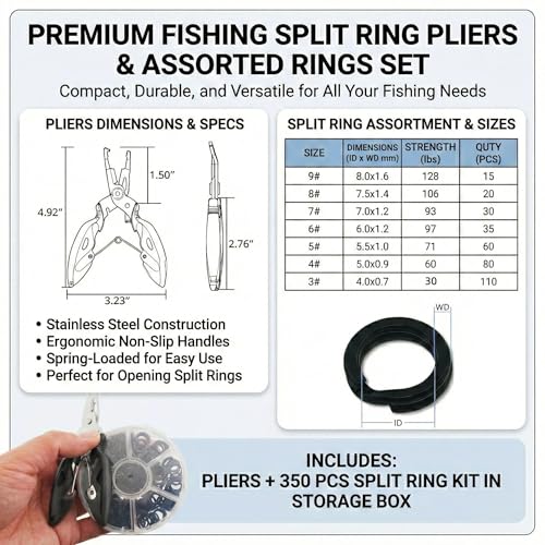 350pcs Flattened Split Rings Kit: 7-Sizes High Strength Steel Fishing Split Rings with Plier Set for Saltwater Lure Hook Connector - color: Black