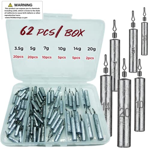 62Pcs/Box Lead Drop Shot Weights Kit (3/4oz, 1/2oz,1/4oz.3/8oz,1/5oz.1/8oz Mixed), Pencil Shaped Drop Shot Rig, No Snag Skinny Lead Sinker, Fishing Bass Rig Cylinder Saltwater Freshwater
