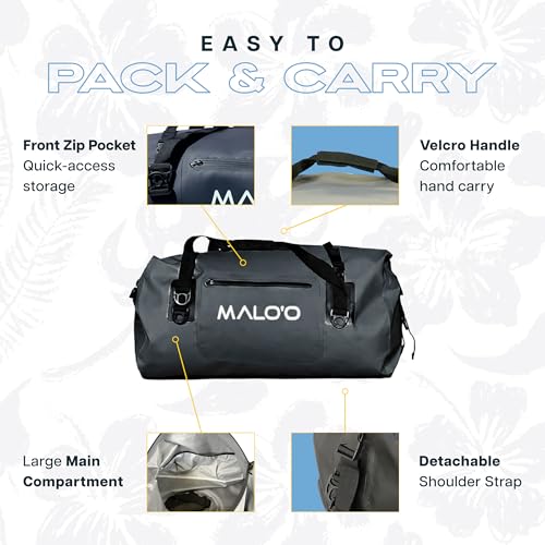 Malo’o Waterproof Dry Duffel, Heavy-Duty Roll Top Waterproof Gear Bag with Shoulder Strap & Molle Loops, Marine Duffel for Kayaking, Boating, Camping, Beach & Travel, Black, 40L