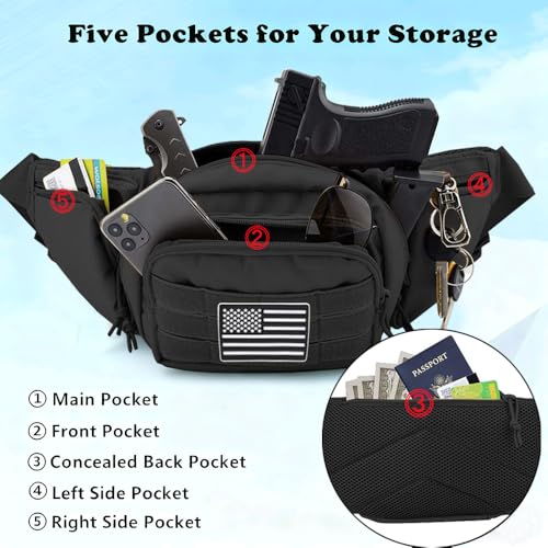 Tactical Fanny Pack Gun Holster Concealed Carry Pistol Military Tactical Waist Bag Waterproof Molle EDC Pouch with USA Flag Patch - color: Black with Holster