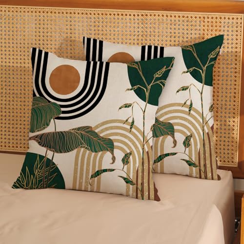Boho Green Pillow Covers 18x18 Set of 2 Green Gold Leaf Tropical Mid Century Throw Pillows Outdoor Bohemian Modern Decorative Pillowcase Farmhouse Linen Cushion Case for Couch Sofa Decor - color: Mid Century-green, size: 18" x 18" (Pack of 2)