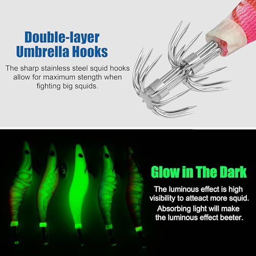 Glow Squid Jig Saltwater Squid Lures, 5/10pcs Luminous Squid Jig Hooks Shrimp Prawn Lures Fluorescent Cuttlefish Sleeve Octopus Jigs Artificial Baits Night Fishing Tackle Size 2.5# 3# 3.5# - size: 2.5#-10pcs