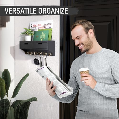 Rebee Vision Key Holder Wall Mount with 2 Drawer Organizer : Decorative Mail Organizer with 6 Key Hooks & Small Wall Shelf - Modern Home Decor for Apartment Essentials (Black) - color: Black, style: 2-Drawer
