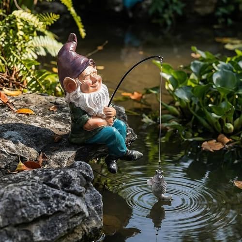 Garden Gnome Fishing Statue, 9.7" Koi Pond Decor with Glow in Dark Pebbles, Great Gift for Mom - color: Gnome Fishing With Luminous Stone