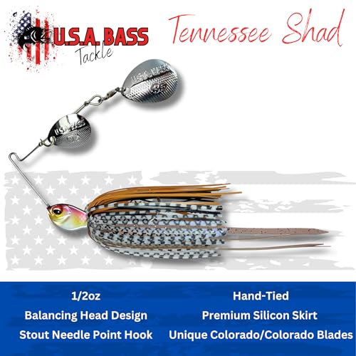USA BASS Tackle Apache Attack Spinnerbait Type II Largemouth Smallmouth Spotted Bass Premium Fishing Bait Handtied Skirt Custom Blades Heavy Duty Hook New for 2025 - color: Tennessee Shad, size: 1/2oz - Colorado/Colorado