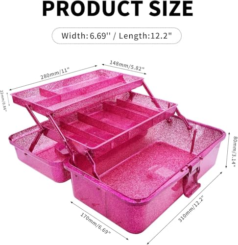 12.2inch 3-Layer Art & Craft Tool Storage Box, Beautiful Sewing Supplies Organizer, Plastic Portable Fishing Tackle Boxes, for Art Supply, Makeup, Hair Accessories,Painting Tools Container (Hot Pink) - color: Hot Pink