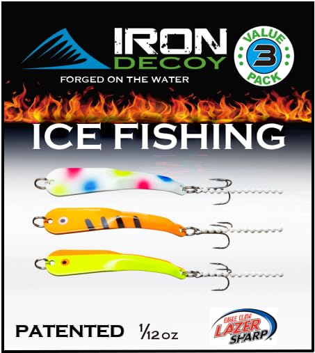 IRON DECOY Spoon Fishing Lures 3-Pack, Multi-Species Metal Spoons for Trout, Walleye, Bass, Salmon, Pike, Ice Fishing & Trolling, Vibrating Spoon Lure Kit - color: Ice Pack #1, 1/12 oz