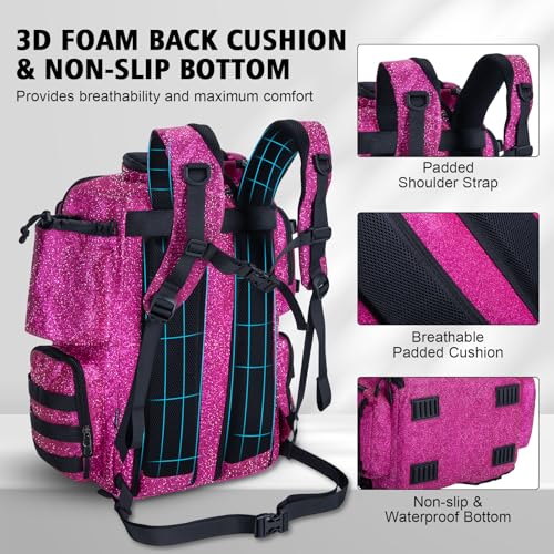 Goture Fishing Backpack,900D Water-Resistant Tackle Backpack with Rod Holders,45L Large Fishing Bag Storage Gear Tackle Bag with Rain Cover,Bottle Holder for Travel Camping Hiking(Without Tackle Box) - color: 45L Bling Pink with Bottle Holder