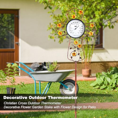 Christian Cross Outdoor Thermometer- Decorative Flower Garden Stake with Flower Design for Patio, Prayer Gardens & Waterproof Oil Rubbed Bronze Temperature Gauge (38 Inch) - color: B-Christian Cross