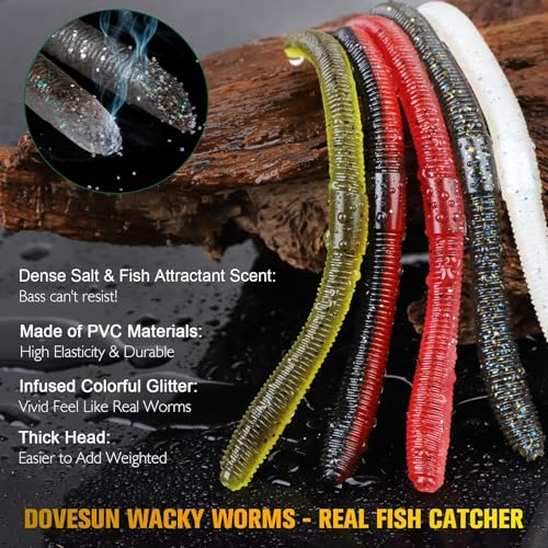 Dovesun Wacky Worm for Bass Trout Fishing Worms Kit with Soft Plastic Baits, Weedless Hooks, Bass Hooks,Weedless Jig Head, Wacky Rig Tool, O-Rings, Weight 152Pcs/131Pcs/50Pcs - color: A-50PCS Wacky Worms Kit