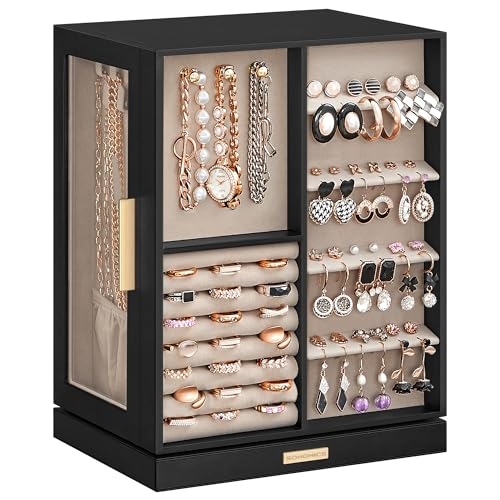 SONGMICS Jewelry Box 360°Rotating, Jewelry Storage Case with 5 Drawers, Jewelry Organizer, Glass Window, Spacious, Vertical Jewelry Storage, Open Design, Great Gift, Graphite Black UJBC170B01 - color: Graphite Black, size: 5 Drawers (6.3"d X 8.7"w X 11.2"
