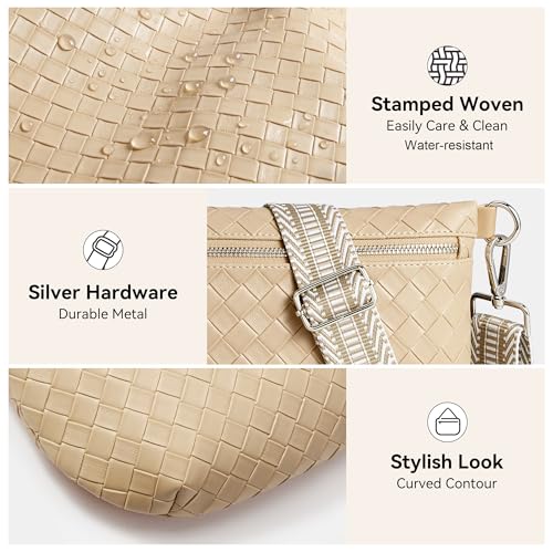 KALIDI Woven Crossbody Bags for Women Travel Vegan Leather Fanny Packs for Woman Cross Body Purse Fashion Belt Bum Bag with Wide Strap - color: Light Khaki