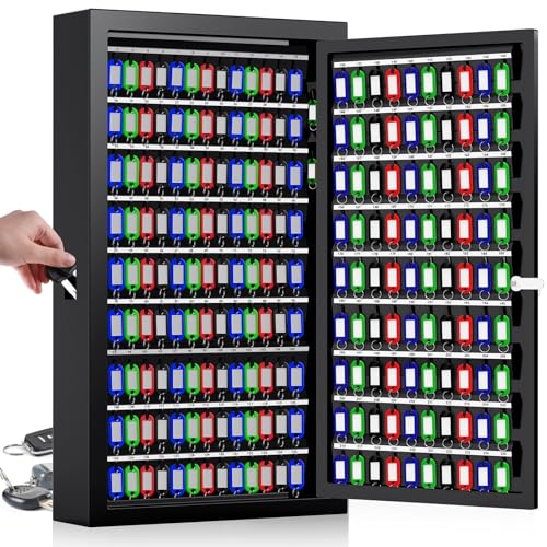 Nebakne 225 Keys Key Lock Box Wall Mount with Additional 16 Side Hooks and Key Tags, Anti-Theft Key Box Key Cabinet with Side Opening, Key Organizer Key Safe for Home Office Garage Rental Business - color: Black, size: 241 Key Hook