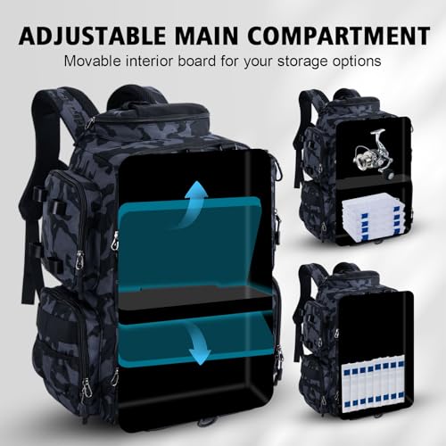 Goture Fishing Backpack, 900D Water-Resistant Tackle Backpack with Rod Holders, 45L Large Fishing Bag Storage Gear Tackle Bag with 8 Lure Pockets, Rain Cover for Camping Hiking(Without Tackle Box) - color: 45L Camo with 8 Lure Pockets