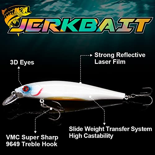 XFISHMAN Jerkbait Kit - Minnow Lure - Suspending - Bass, Smallmouth Bass, Walleye, Largemouth Bass - 1 Piece - color: Ghost-Pearl, size: 85mm（3-1/3"in）