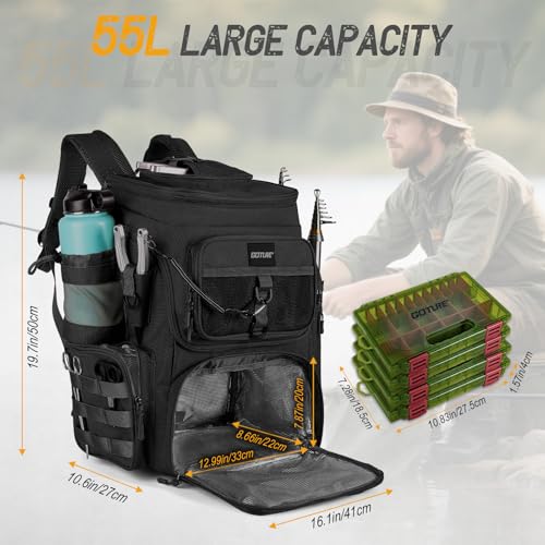 Goture Fishing Backpack with 4 Tackle Boxes, 900D Water-Resistant Tackle Backpack with Rod Holders,Insulated Cooler Compartment, 55L Large Capacity Fishing Gear Storage Bag for Saltwater & Freshwater - color: A3:black(4 Tackle Boxes Included)