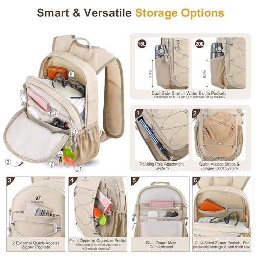BECOJADDE Hiking Backpack 15L Small Backpack Packable Day pack Water Resistant Lightweight Travel Backpack for Women Men with Shoulder Strap Pockets for Hiking Camping Outdoor, Khaki - color: Khaki, size: 15L