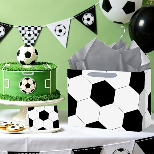 Hooqict Large Soccer Gift Bag Soccer Birthday Gift Wrap Bag with Handles, Tissue Paper, Greeting Cards for Kids Boys Men Sports Themed Goodie Treat Party Favors - color: Soccer