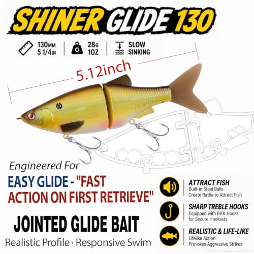 LITTMA Shiner Glide Slow Sinking Glide Baits, Subtle S-Curve Action Jointed Swimbait - Midwest, South Lakes, Rivers, Freshwater Lure for Bass, Trout, Pike - color: White Pearl