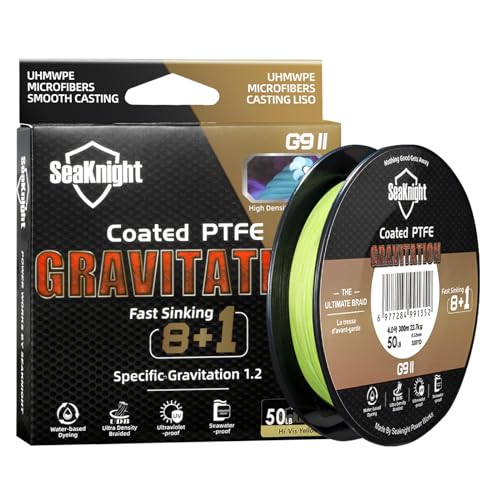 SeaKnight G9 II 8+1 Braide line, 9 Strands Braided Fishing Line Fast Sinking Fishing Line 164Yds/328Yds Seawater-Proof UV-Proof Coated PTFE Sea Fishing Line Braid 17-80LB - color: Yellow, size: 33LB(0.23mm)-328Yds