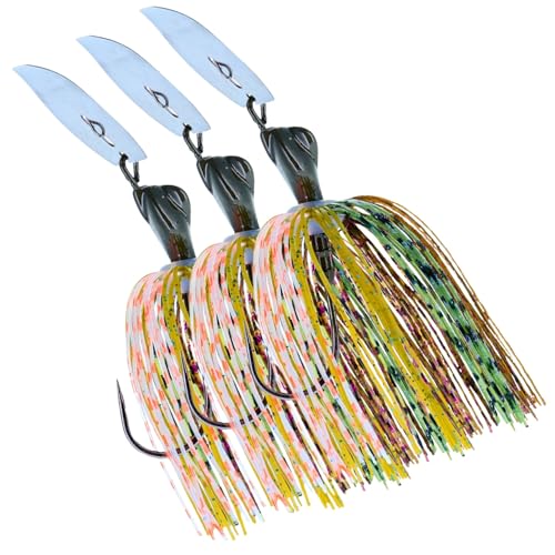 Reaction Tackle Breaker Jigs for Bass Fishing, Bladed Vibrating Swim Jig Lures with Silicone Skirts, Weedless Bait for Pike, Walleye, Muskie - 3 Pack - color: Bluegill, size: 1/4 Oz