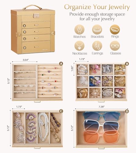 Homde Synthetic Leather Huge Jewelry Box Mirrored Watch Organizer Necklace Ring Earring Storage Lockable Gift Case (Gold) - color: Gold