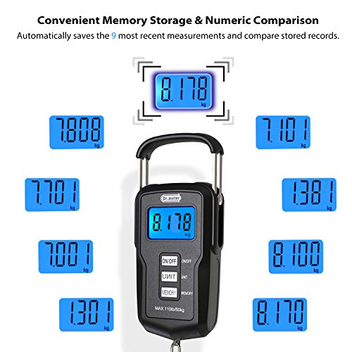 Dr.Meter Fish Scale Backlit LCD Display FS01: 110lb/ 50kg Digital Luggage Scale with Storage Function Numerical Comparison, Built-in Measuring Tape, Batteries Included - Fishing Gifts for Men